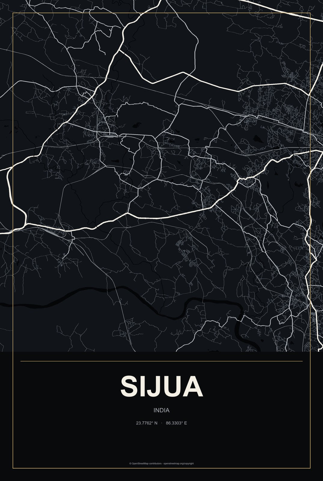 Sijua, India City Map Aluminum Sign in Metropolitan Noir style