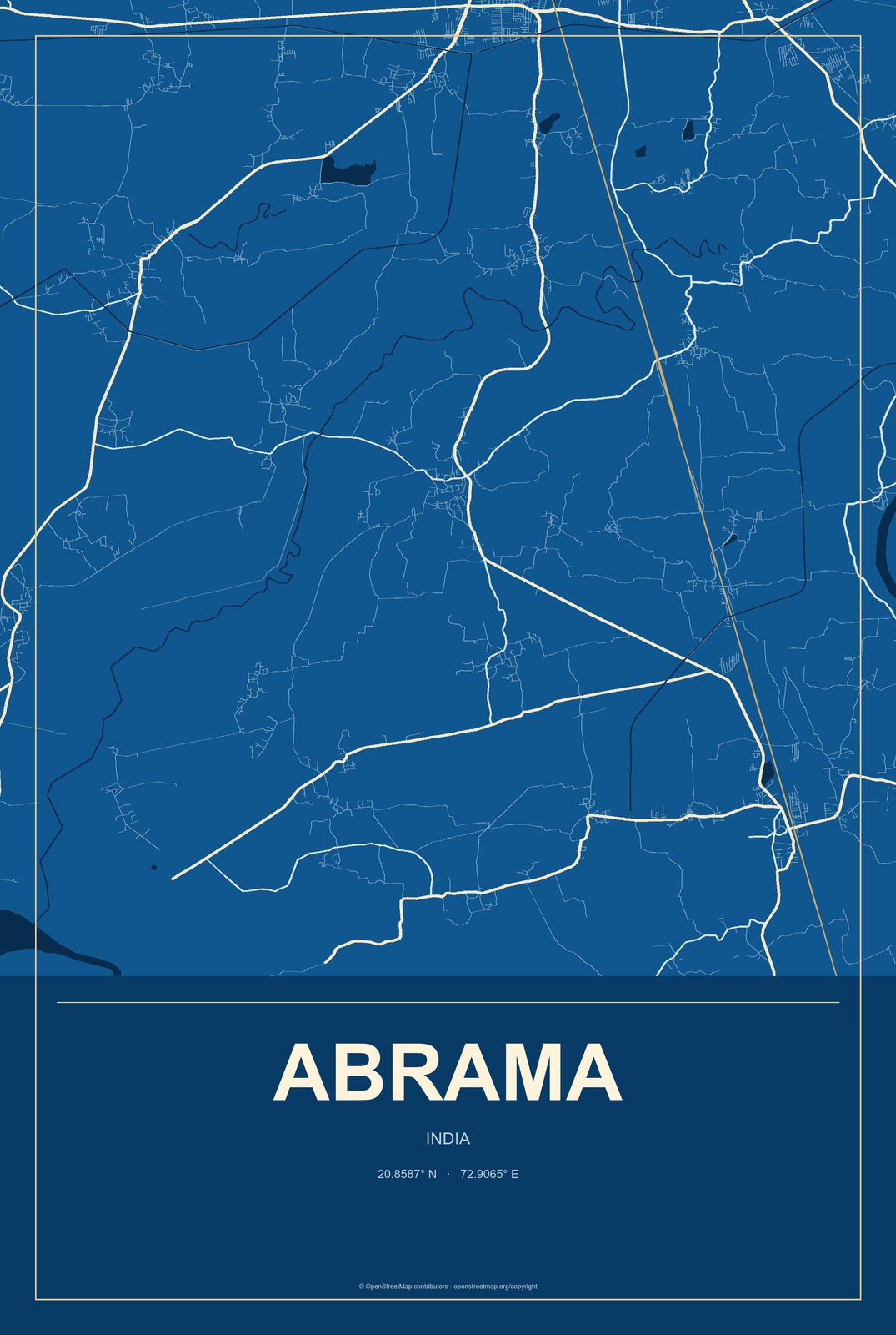 Abrama, India City Map Aluminum Sign in Harbor Cobalt style