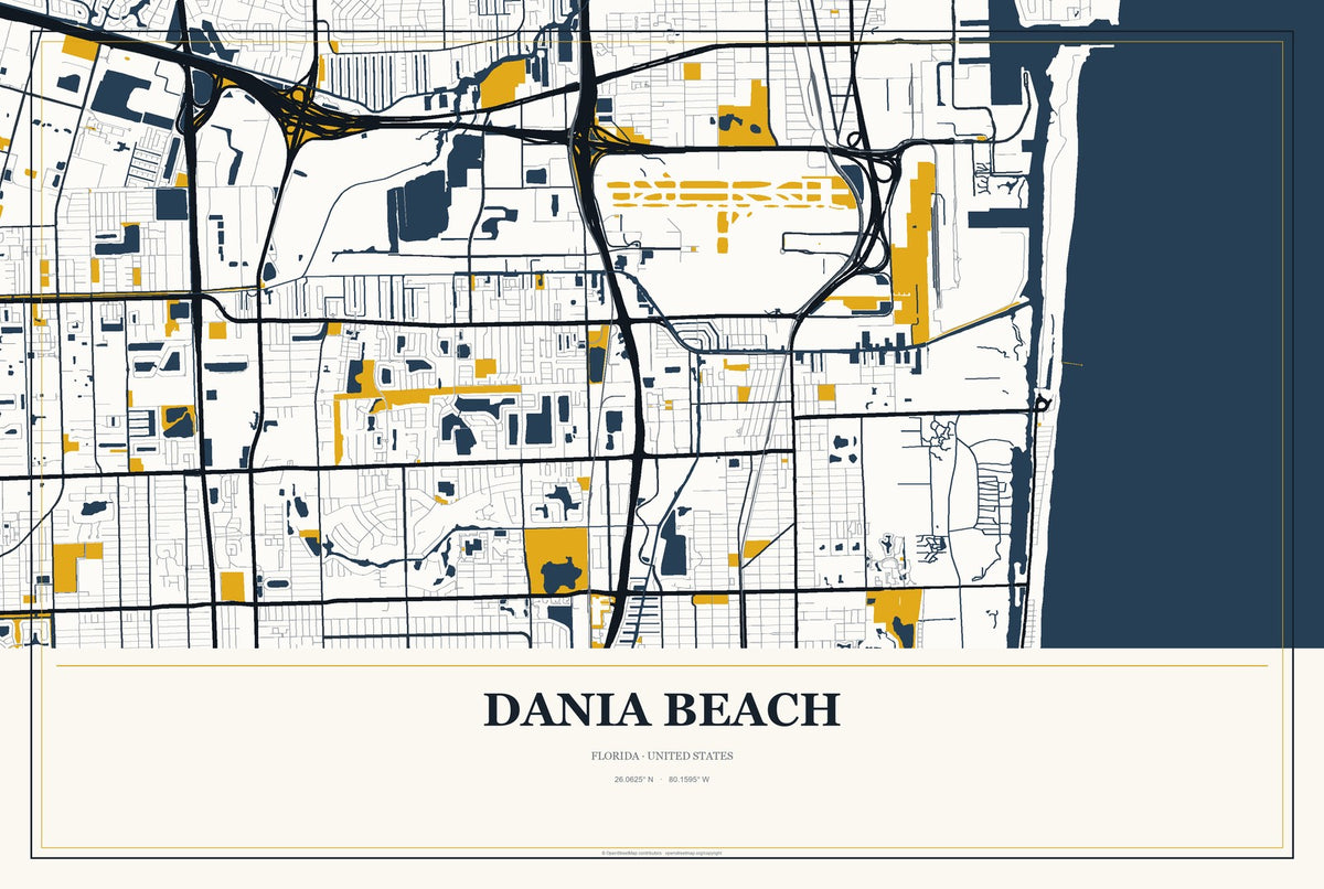 Dania Beach, Florida City Map Aluminum Sign in Citrine Modern style