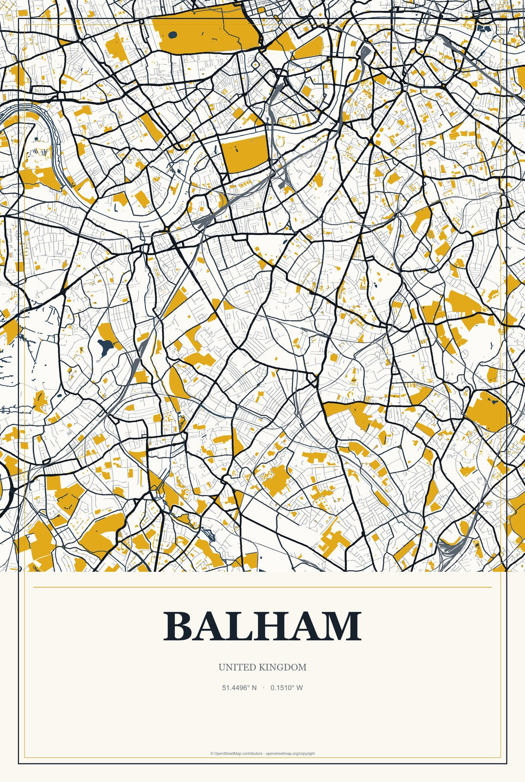 Balham, United Kingdom City Map Aluminum Sign in Citrine Modern style