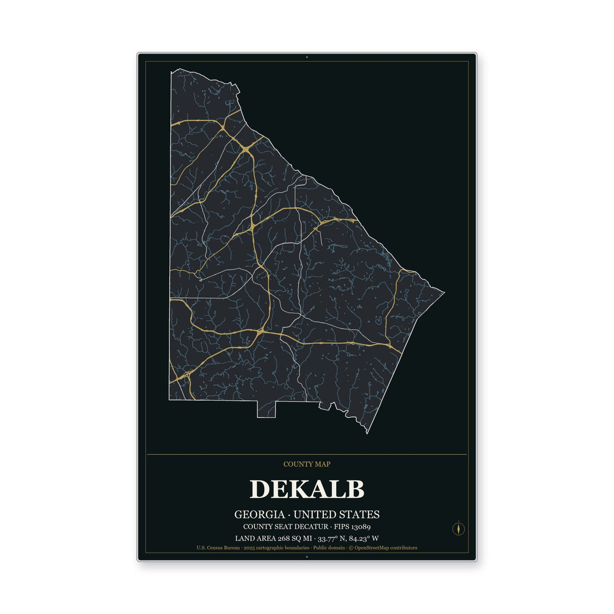 DeKalb County, Georgia Map Aluminum Sign in Metropolitan Noir style