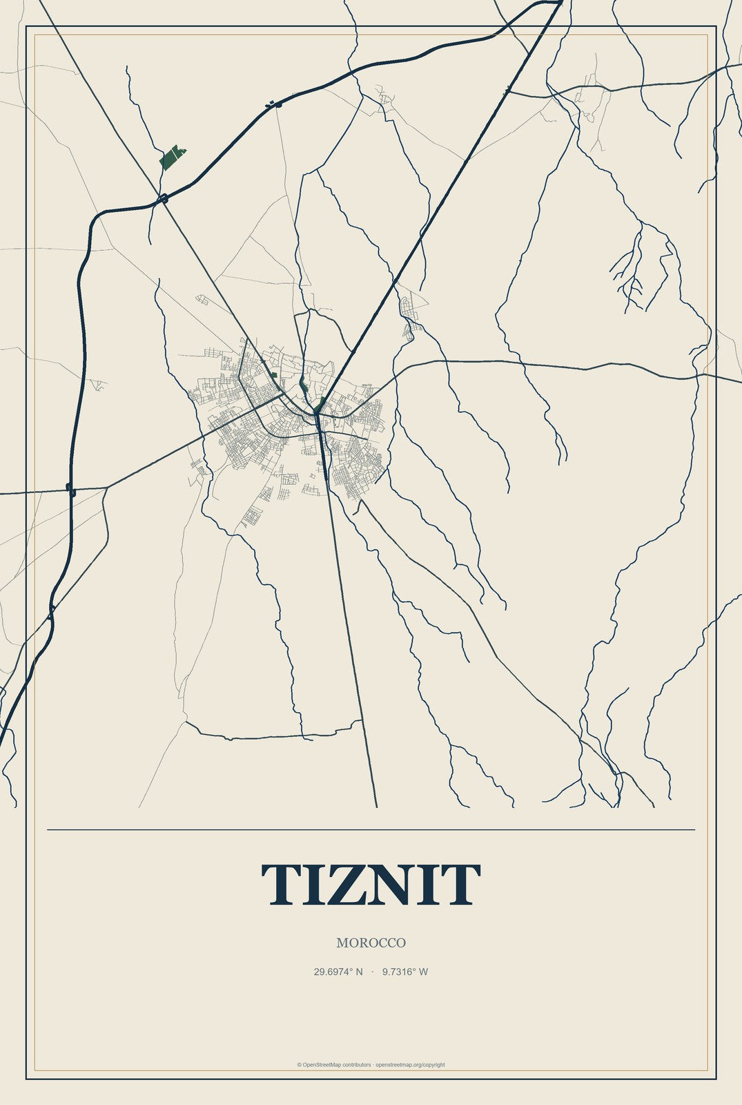 Tiznit, Morocco City Map Aluminum Sign in Coastal Cutout style