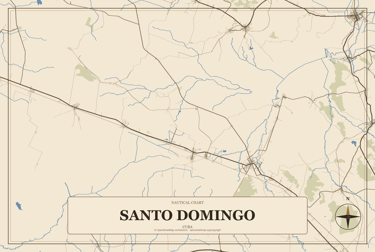 Santo Domingo, Cuba City Map Aluminum Sign in Heritage Nautical style