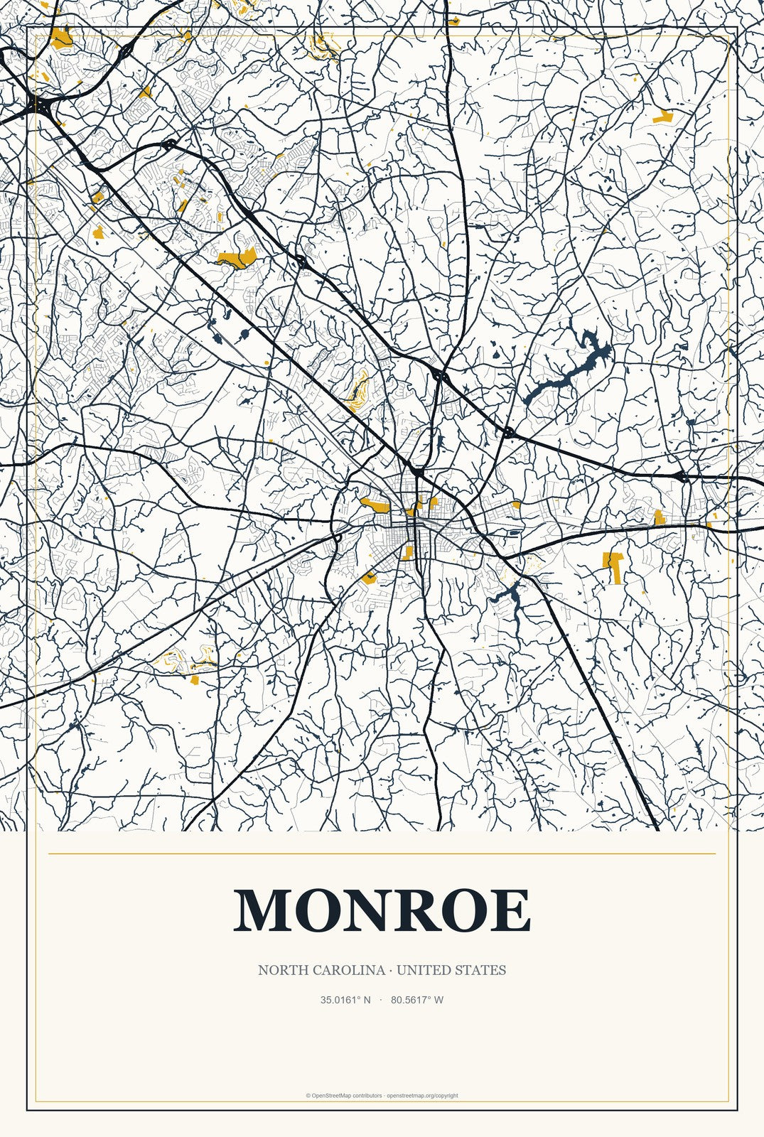 Monroe, North Carolina City Map Aluminum Sign in Citrine Modern style