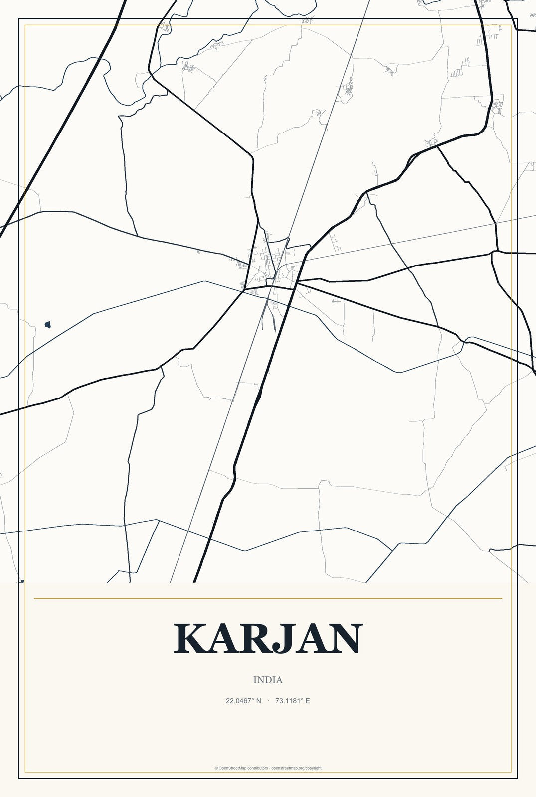 Karjan, India City Map Aluminum Sign in Citrine Modern style