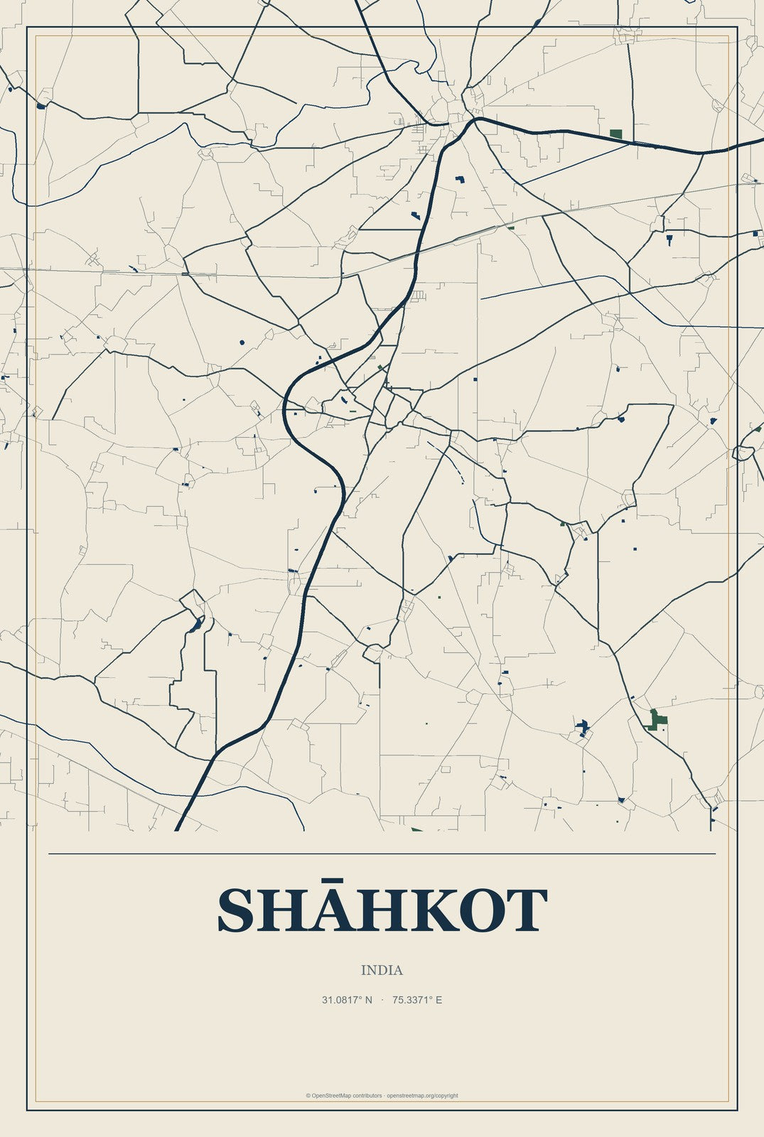 Shāhkot, India City Map Aluminum Sign in Coastal Cutout style