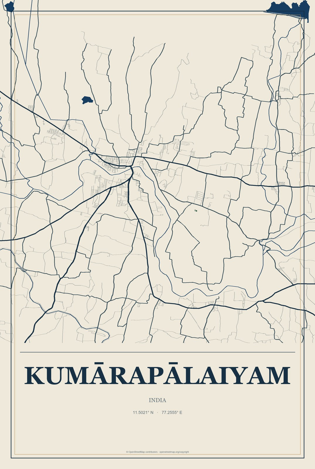 Kumārapālaiyam, India City Map Aluminum Sign in Coastal Cutout style