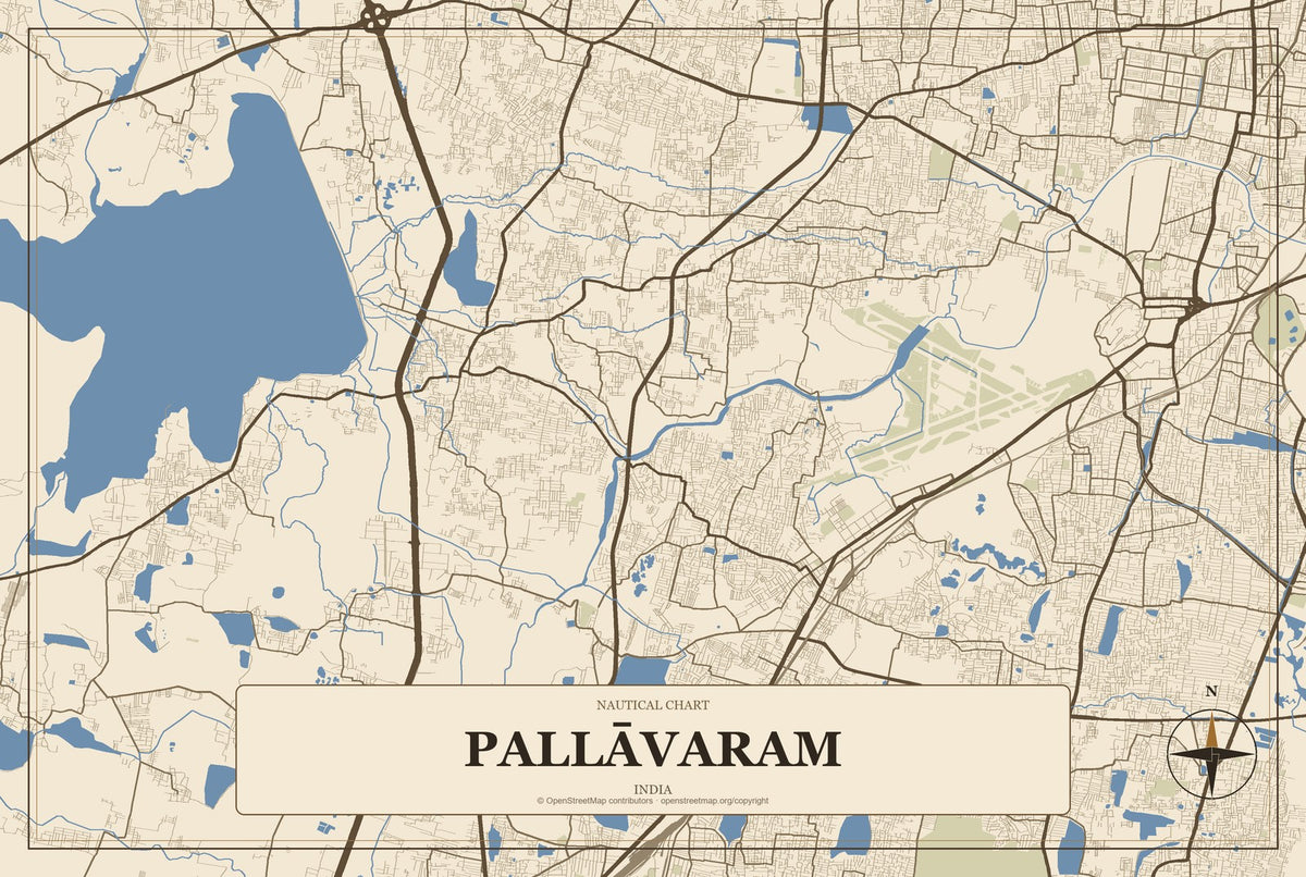 Pallāvaram, India City Map Aluminum Sign in Heritage Nautical style