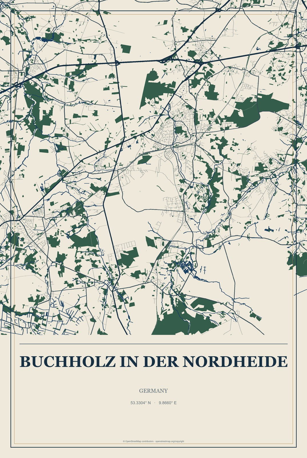 Buchholz in der Nordheide, Germany City Map Aluminum Sign in Coastal Cutout style