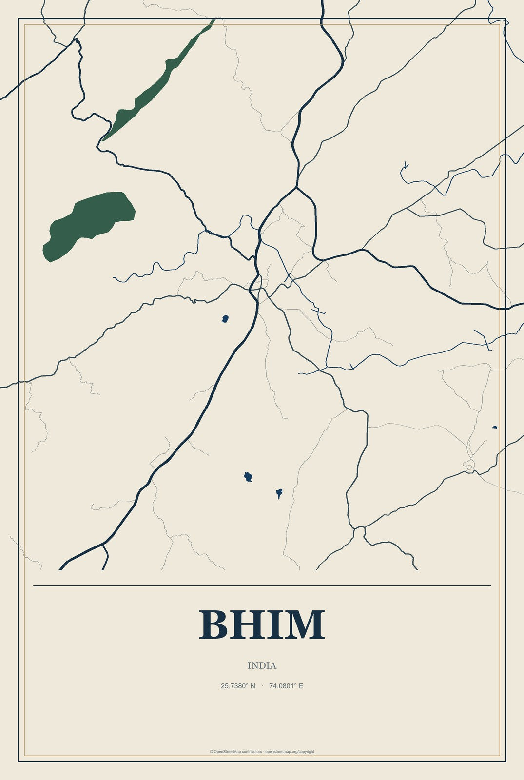 Bhim, India City Map Aluminum Sign in Coastal Cutout style