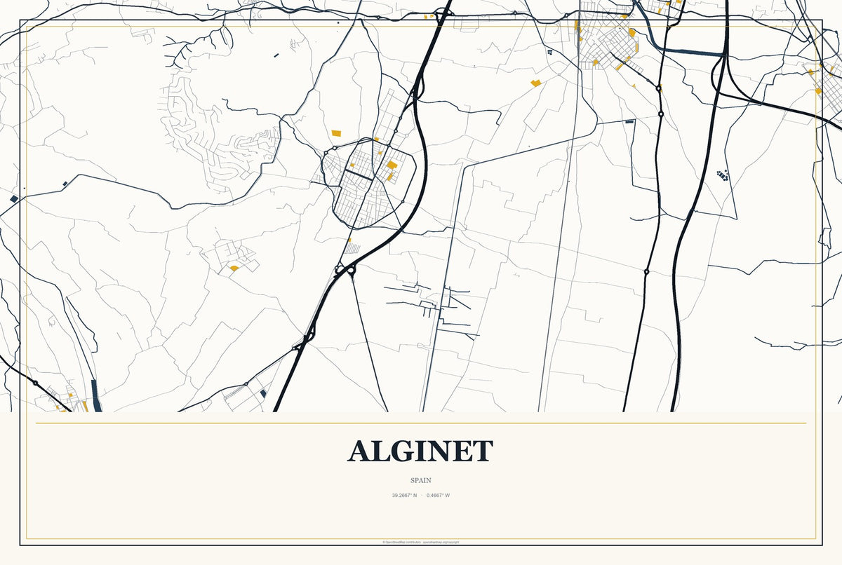 Alginet, Spain City Map Aluminum Sign in Citrine Modern style