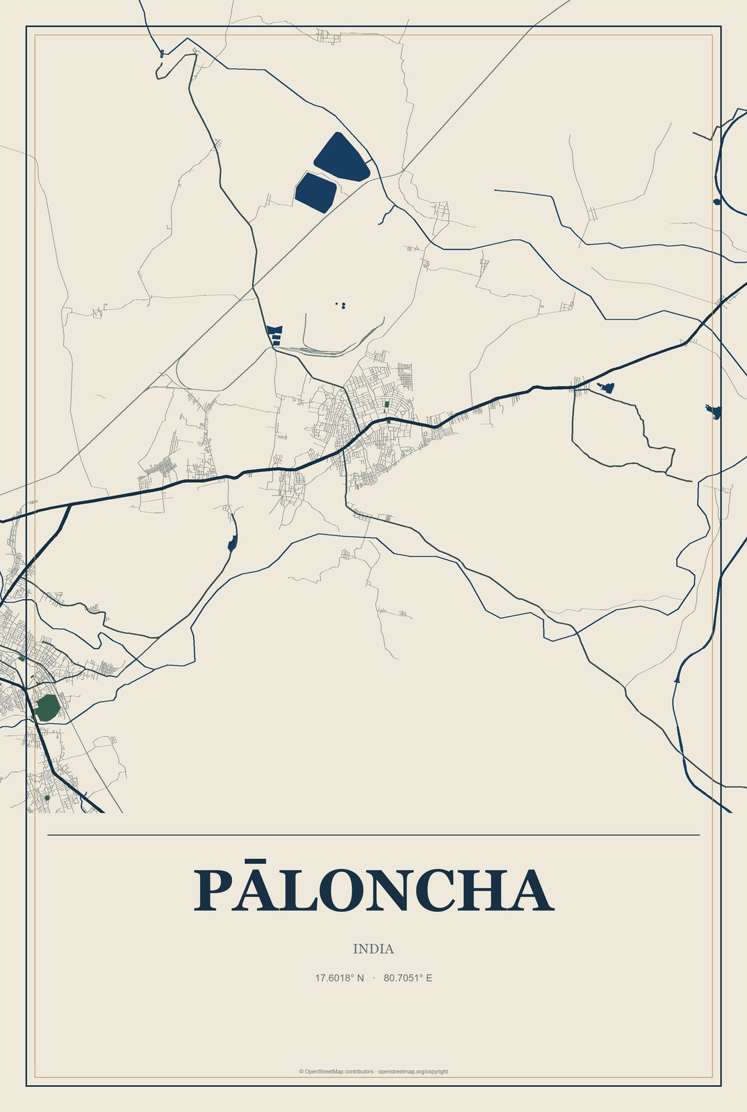 Pāloncha, India City Map Aluminum Sign in Coastal Cutout style