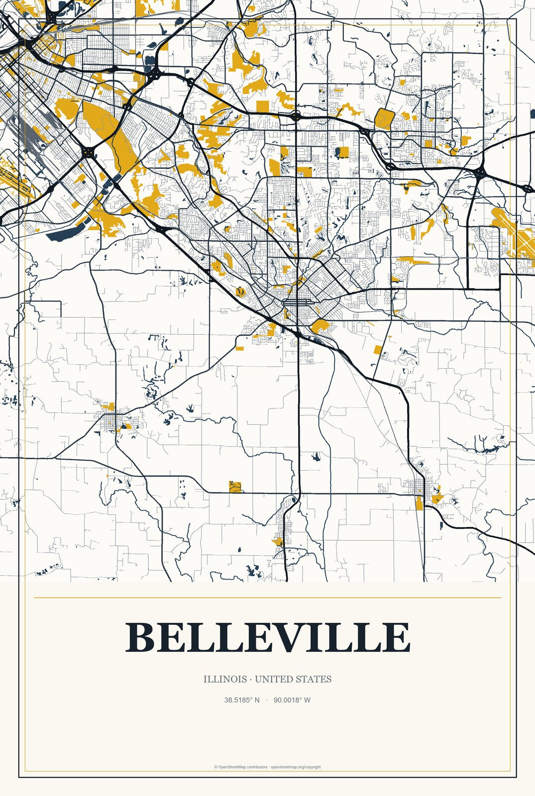 Belleville, Illinois City Map Aluminum Sign in Citrine Modern style