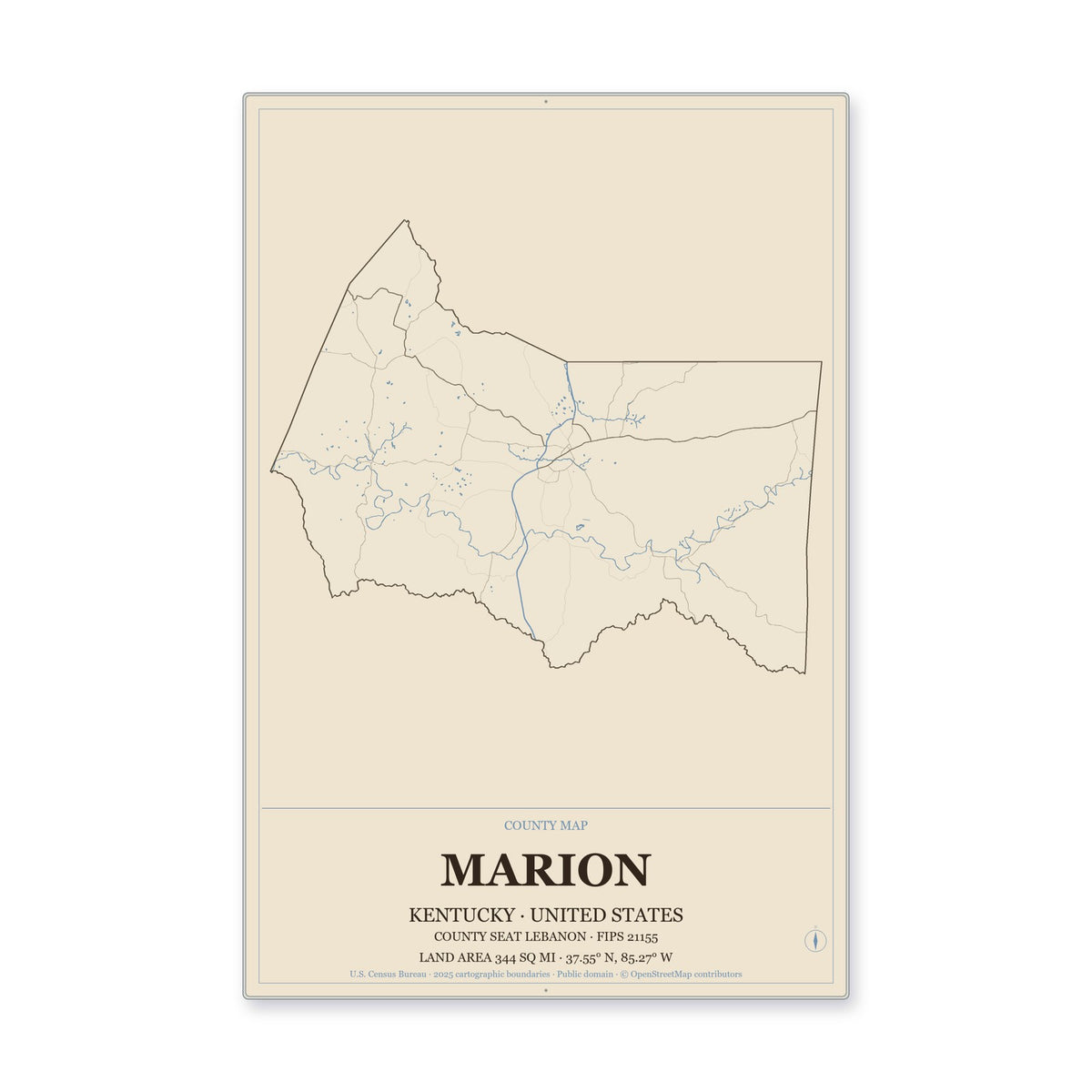 Marion County, Kentucky Map Aluminum Sign in Heritage Nautical style