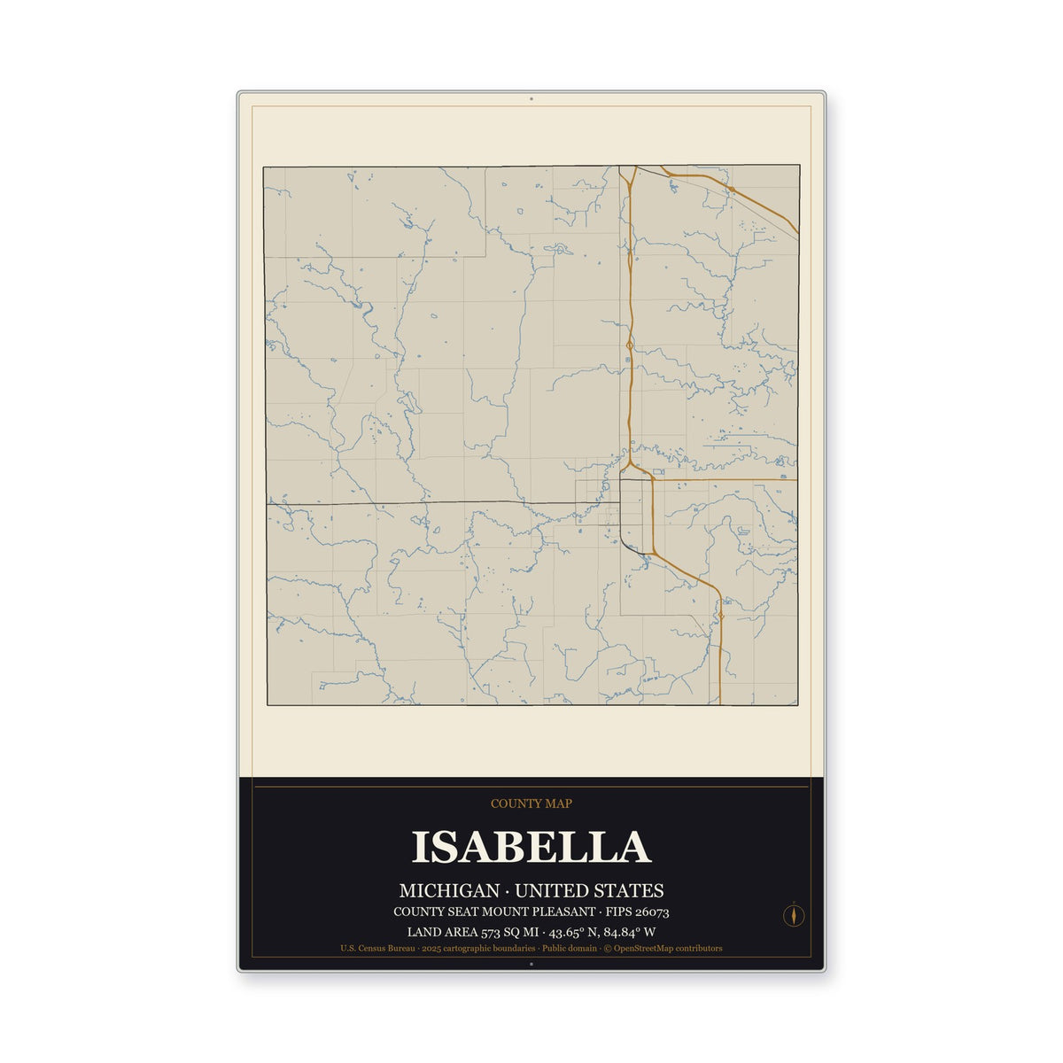 Isabella County, Michigan Map Aluminum Sign in Museum Plaque style