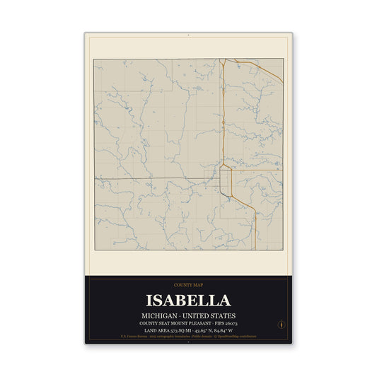 Isabella County, Michigan Map Aluminum Sign in Museum Plaque style