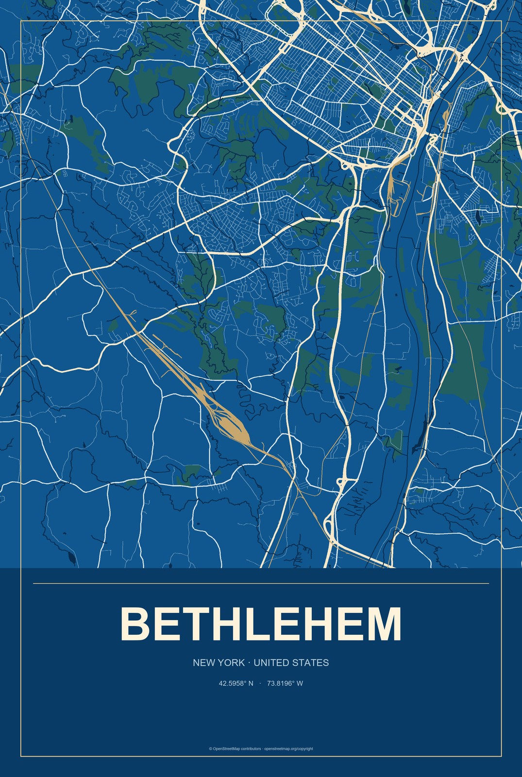 Bethlehem, New York City Map Aluminum Sign in Harbor Cobalt style
