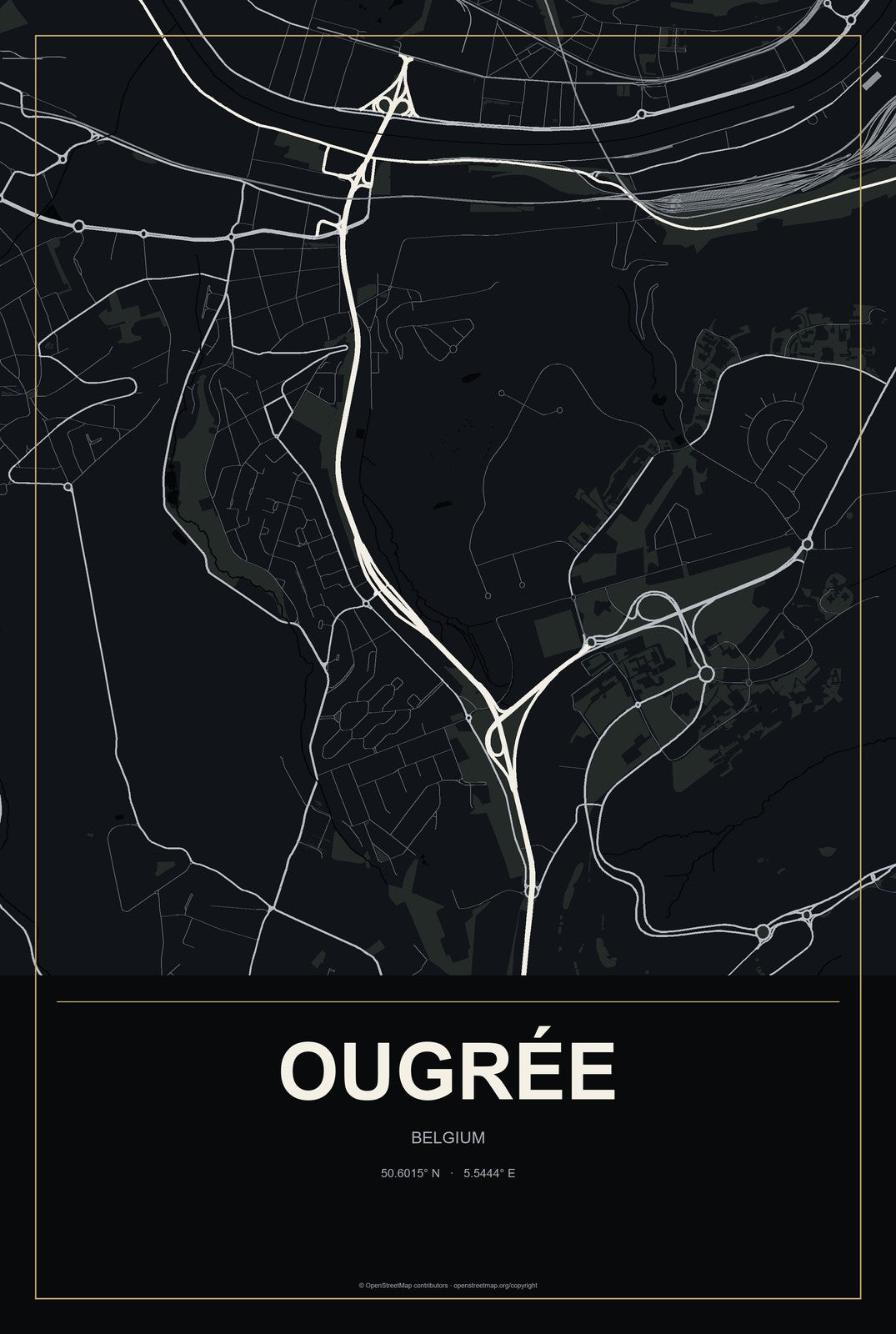 Ougrée, Belgium City Map Aluminum Sign in Metropolitan Noir style