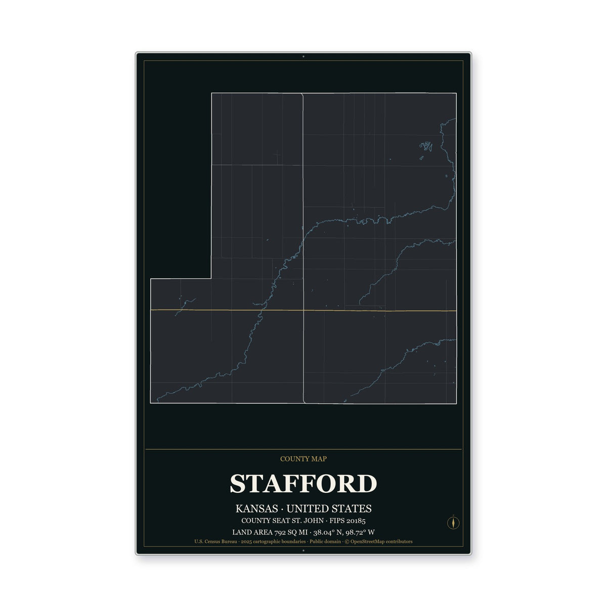 Stafford County, Kansas Map Aluminum Sign in Metropolitan Noir style