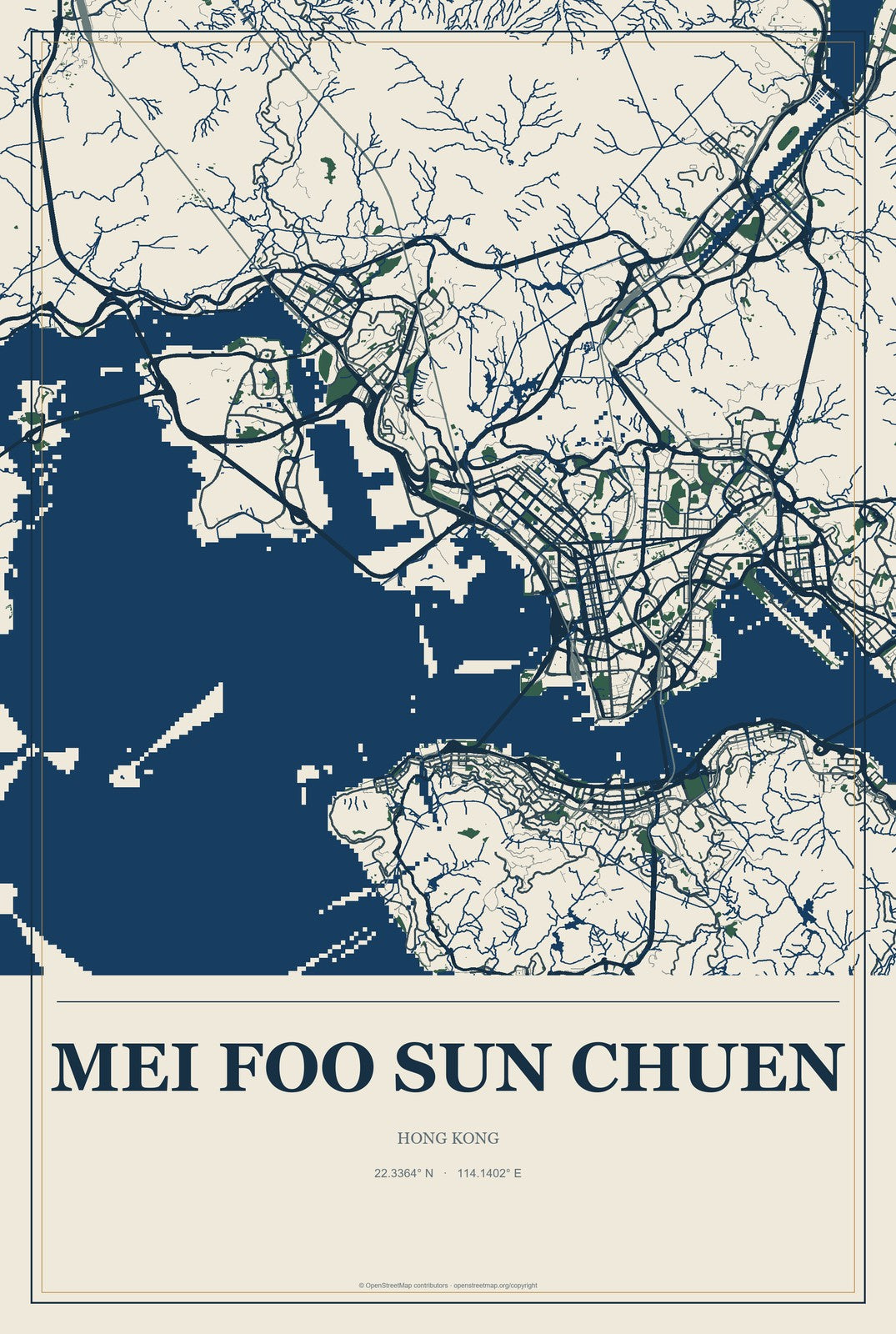 Mei Foo Sun Chuen, Hong Kong City Map Aluminum Sign in Coastal Cutout style