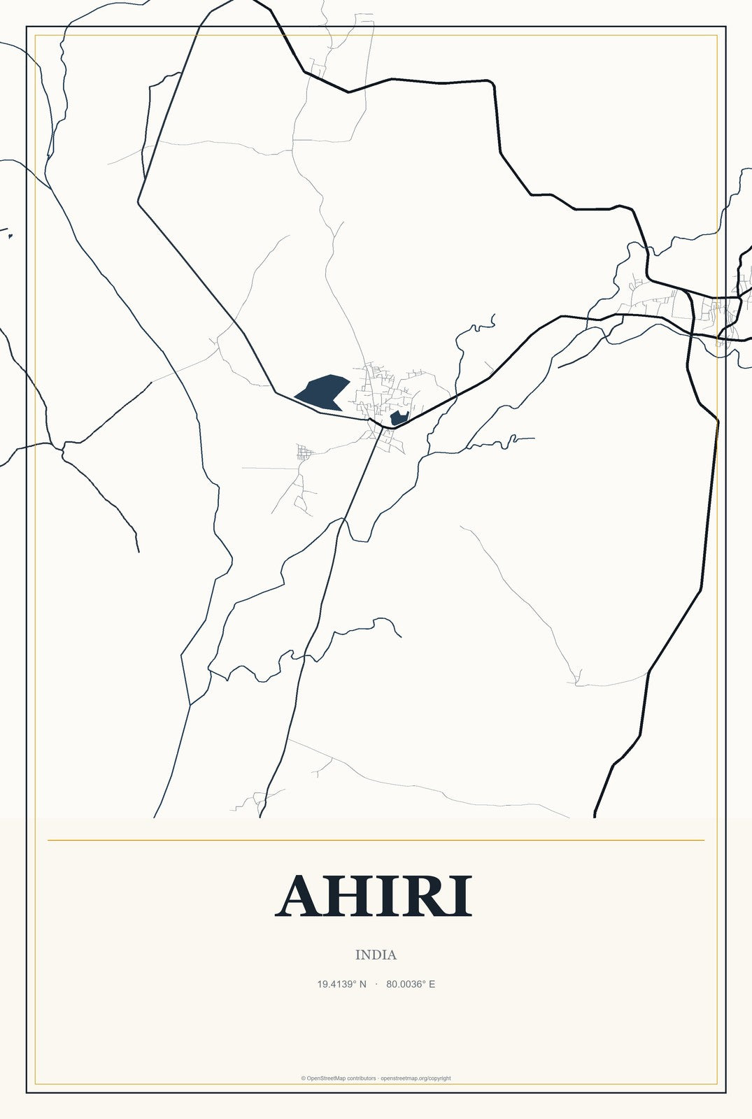 Ahiri, India City Map Aluminum Sign in Citrine Modern style