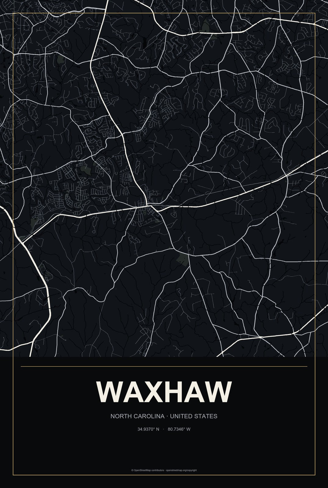 Waxhaw, North Carolina City Map Aluminum Sign in Metropolitan Noir style