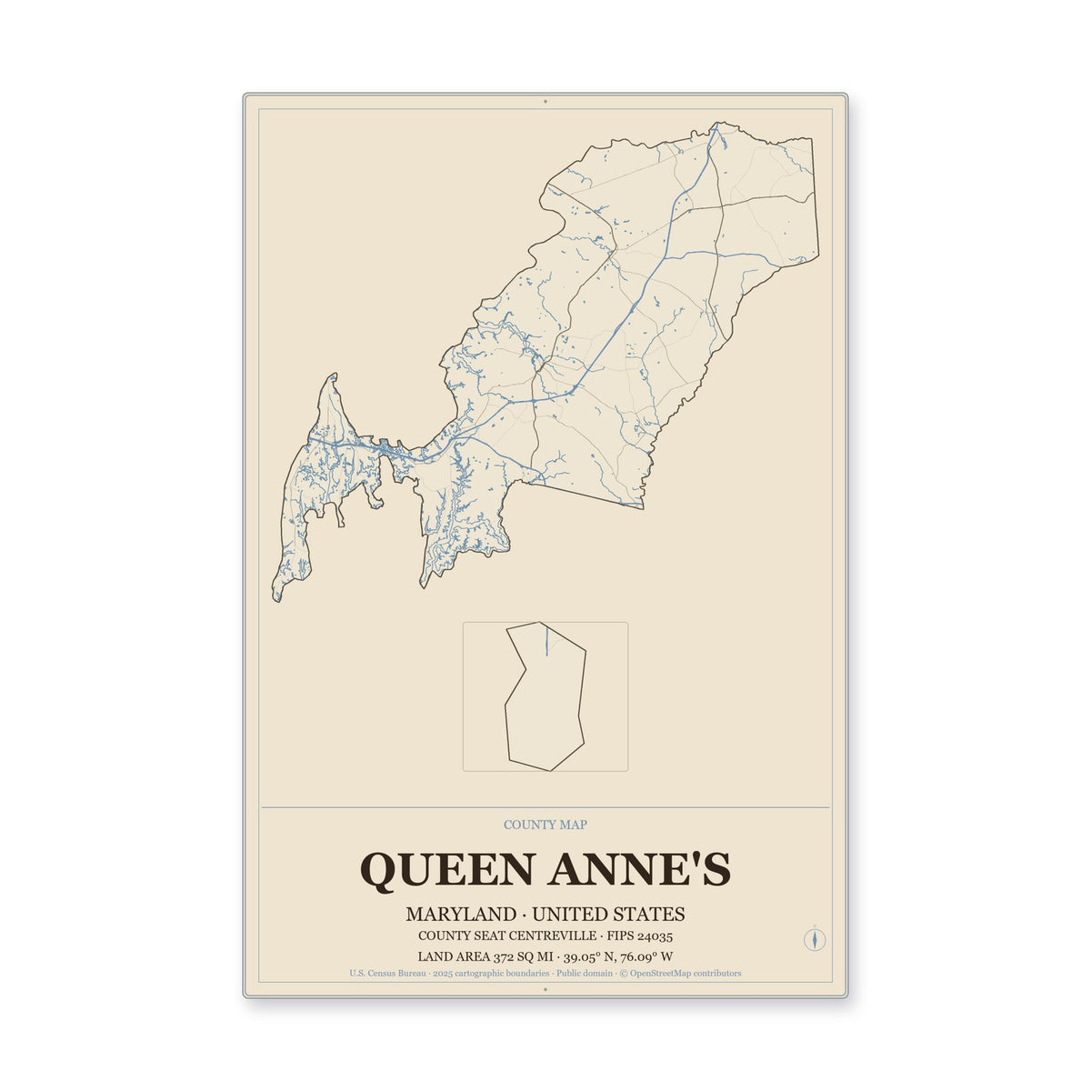 Queen Anne's County, Maryland Map Aluminum Sign in Heritage Nautical style