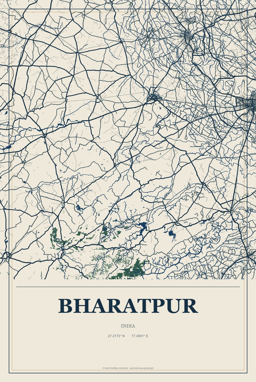Bharatpur, India City Map Aluminum Sign in Coastal Cutout style