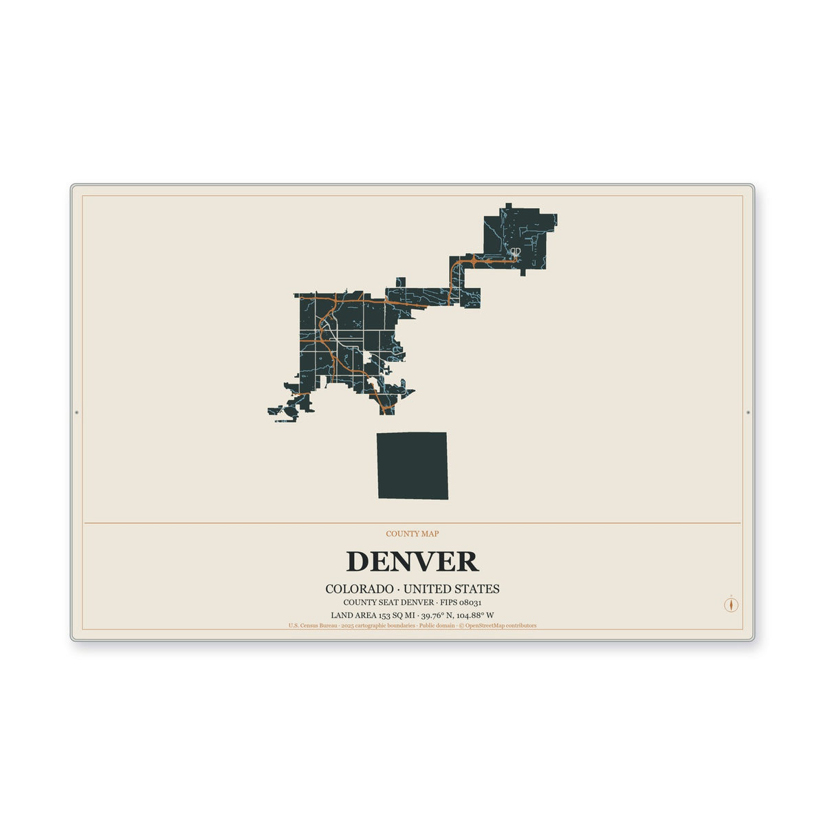 Denver County, Colorado Map Aluminum Sign in Headline Atlas style
