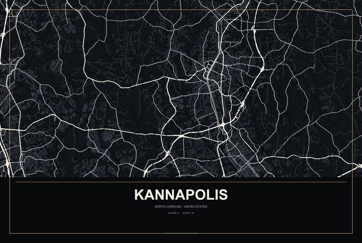 Kannapolis, North Carolina City Map Aluminum Sign in Metropolitan Noir style