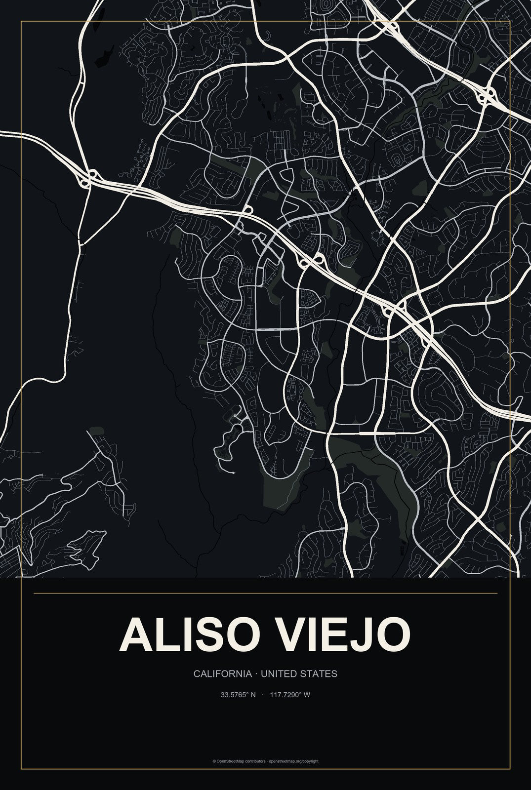 Aliso Viejo, California City Map Aluminum Sign in Metropolitan Noir style