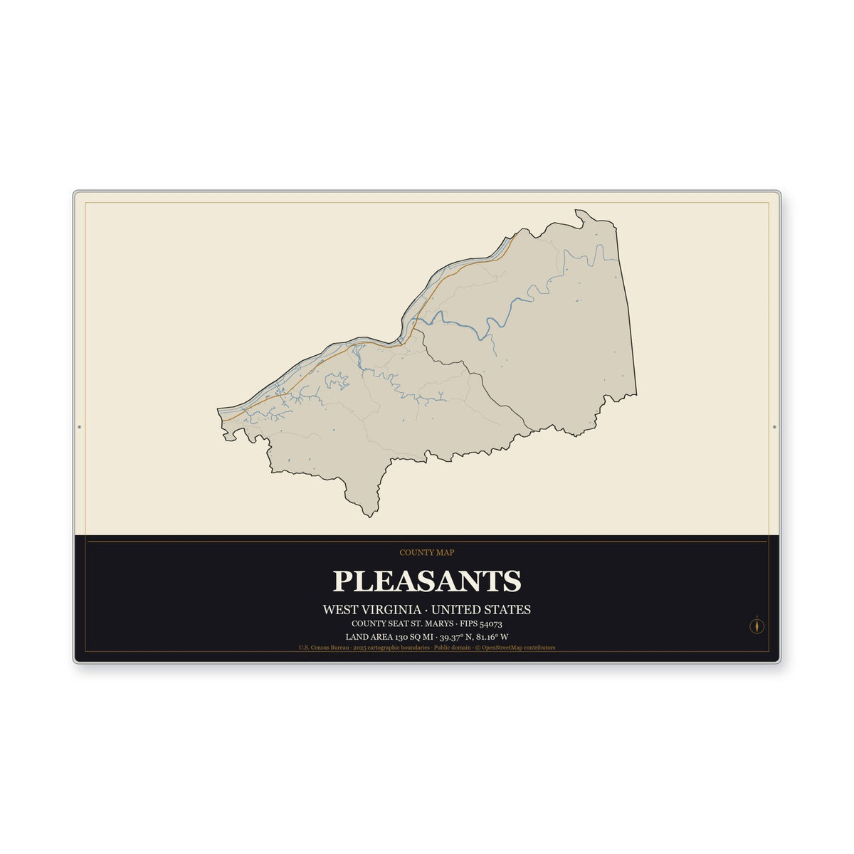 Pleasants County, West Virginia Map Aluminum Sign in Museum Plaque style