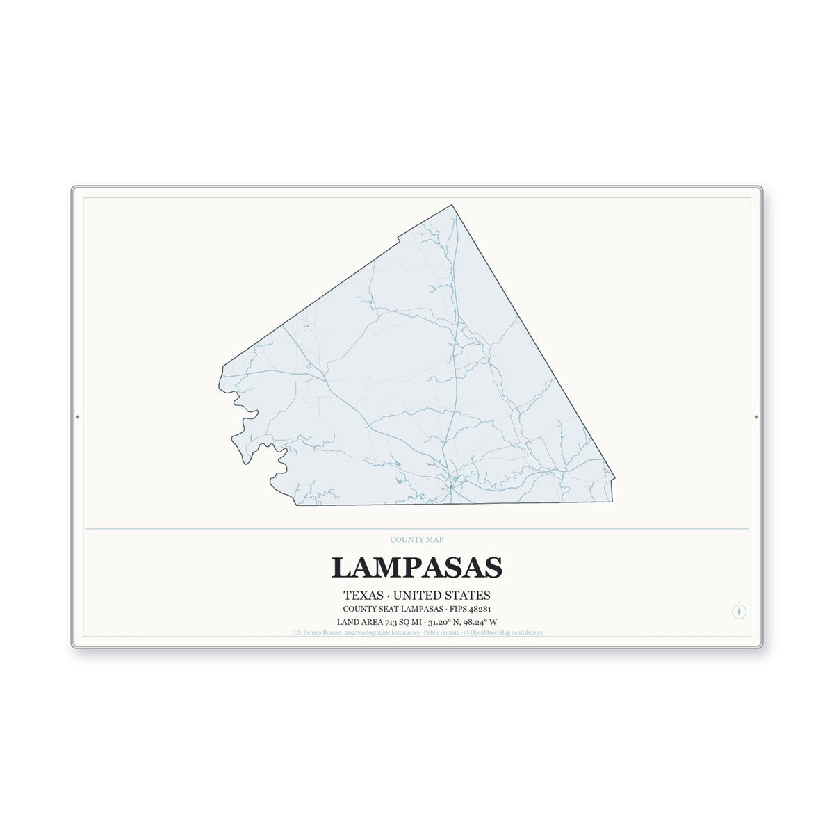 Lampasas County, Texas Map Aluminum Sign in Gallery Air style