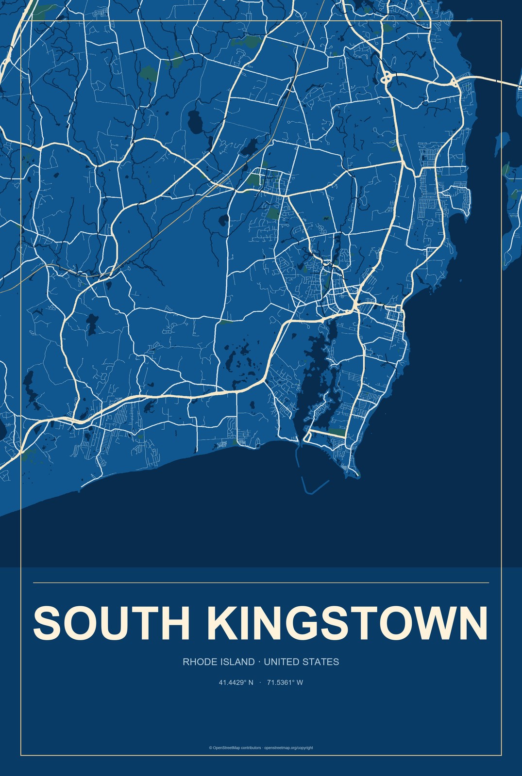 South Kingstown, Rhode Island City Map Aluminum Sign in Harbor Cobalt style