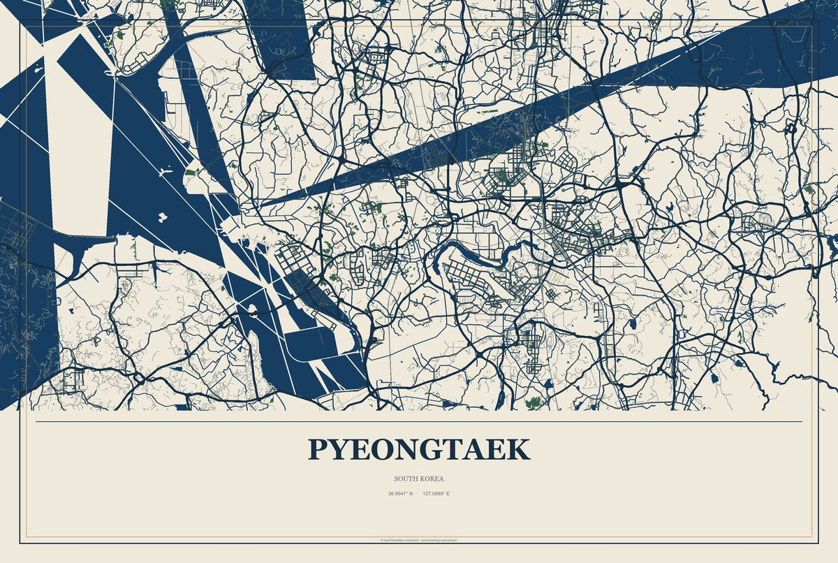 Pyeongtaek, South Korea City Map Aluminum Sign in Coastal Cutout style