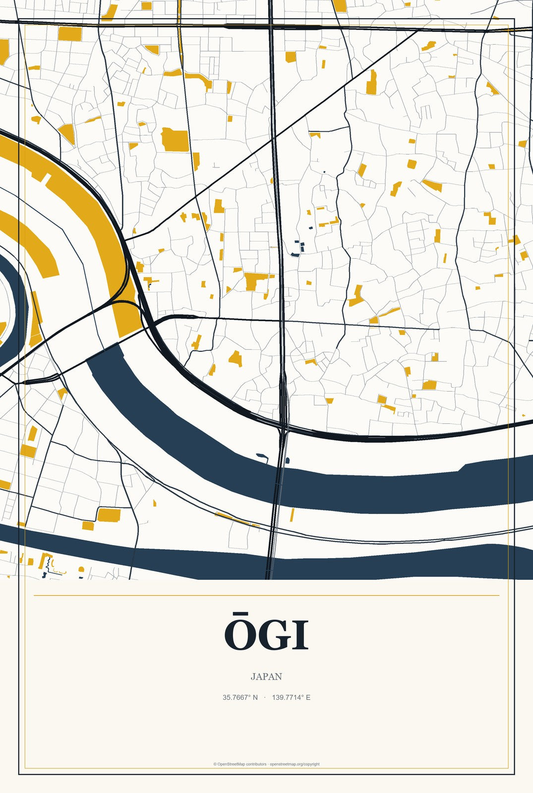 Ōgi, Japan City Map Aluminum Sign in Citrine Modern style