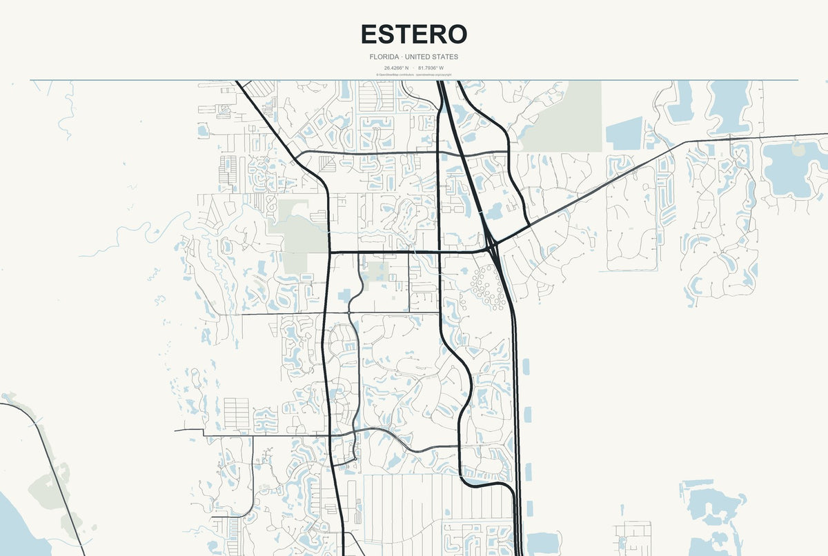 Estero, Florida City Map Aluminum Sign in Headline Atlas style