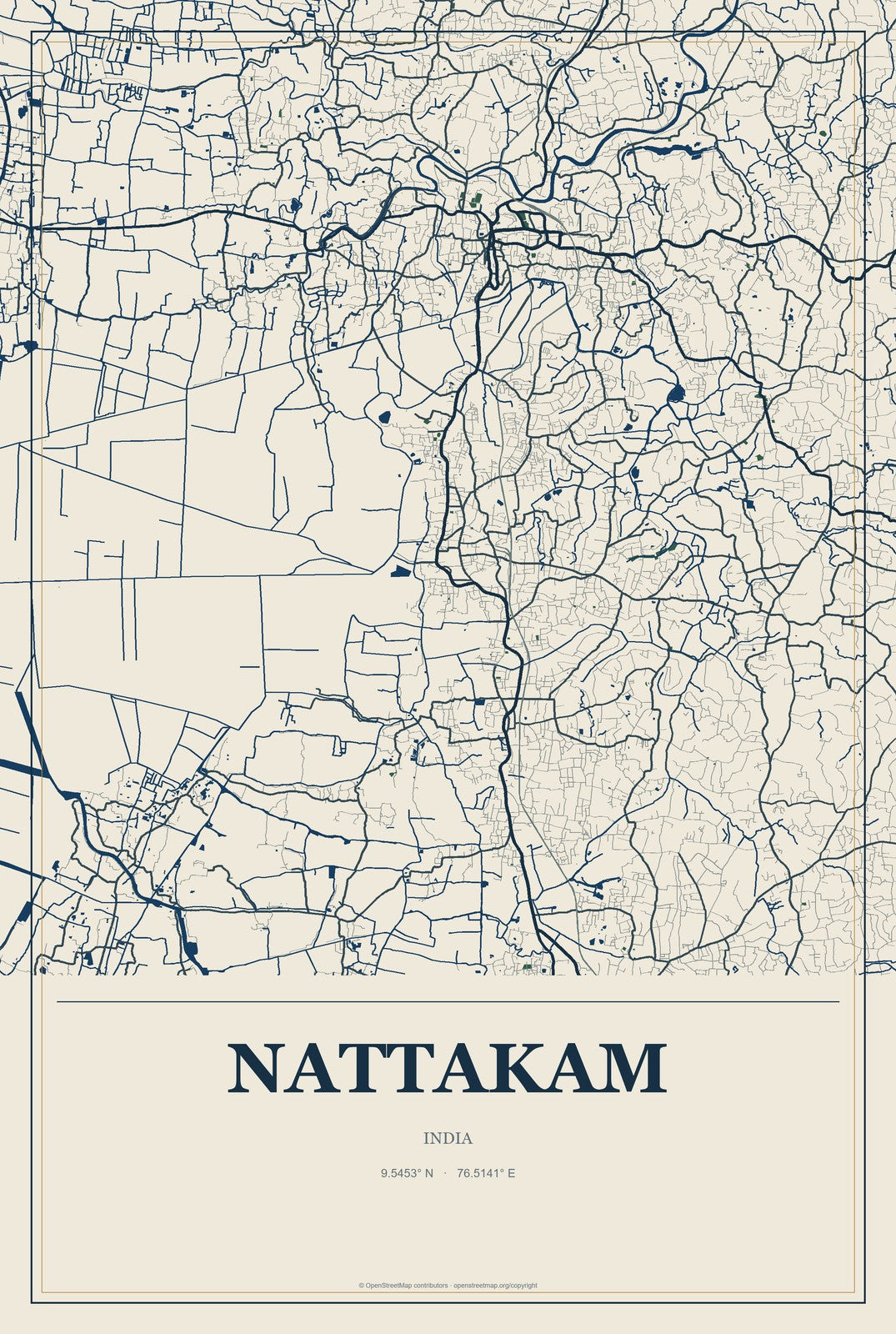 Nattakam, India City Map Aluminum Sign in Coastal Cutout style