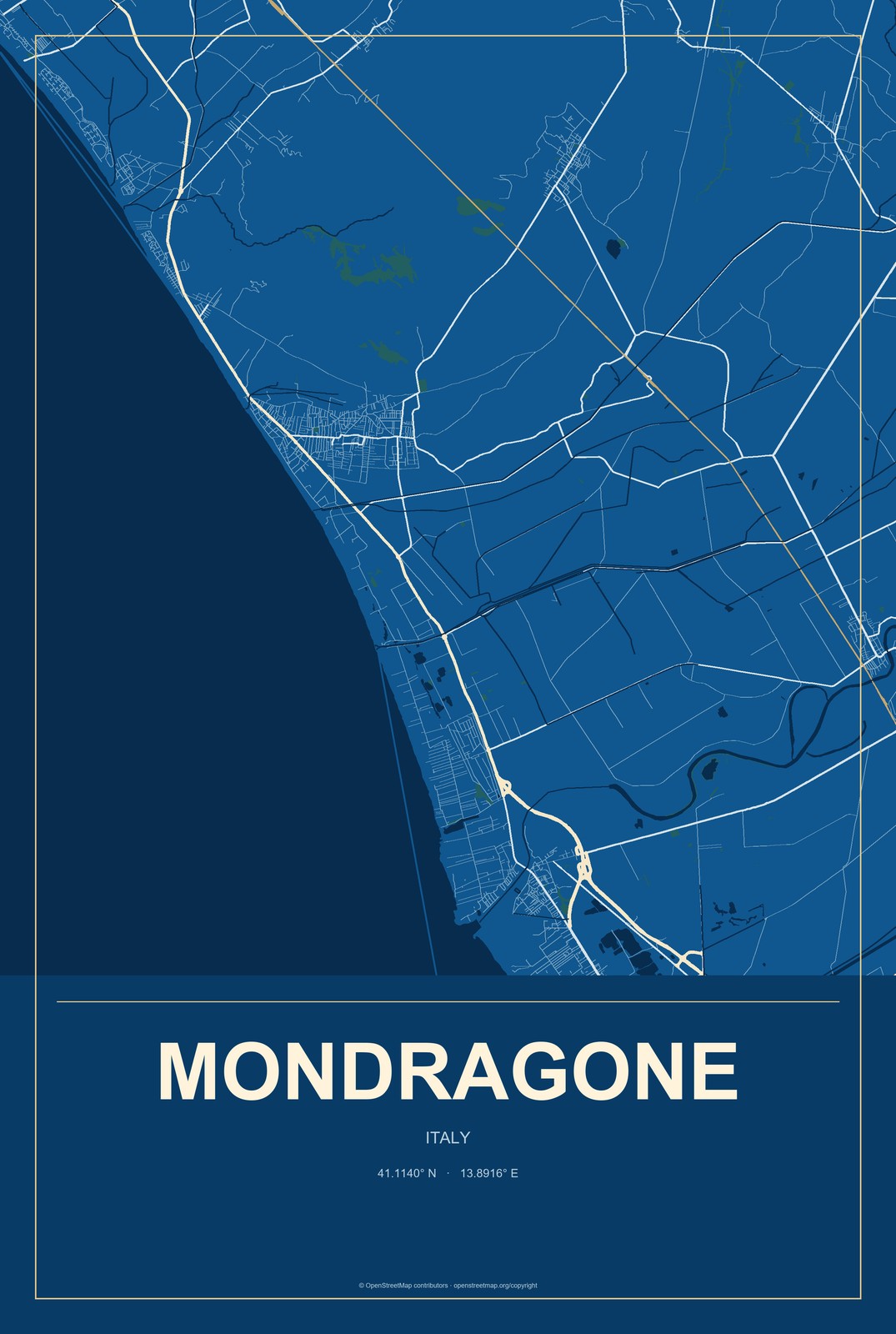 Mondragone, Italy City Map Aluminum Sign in Harbor Cobalt style