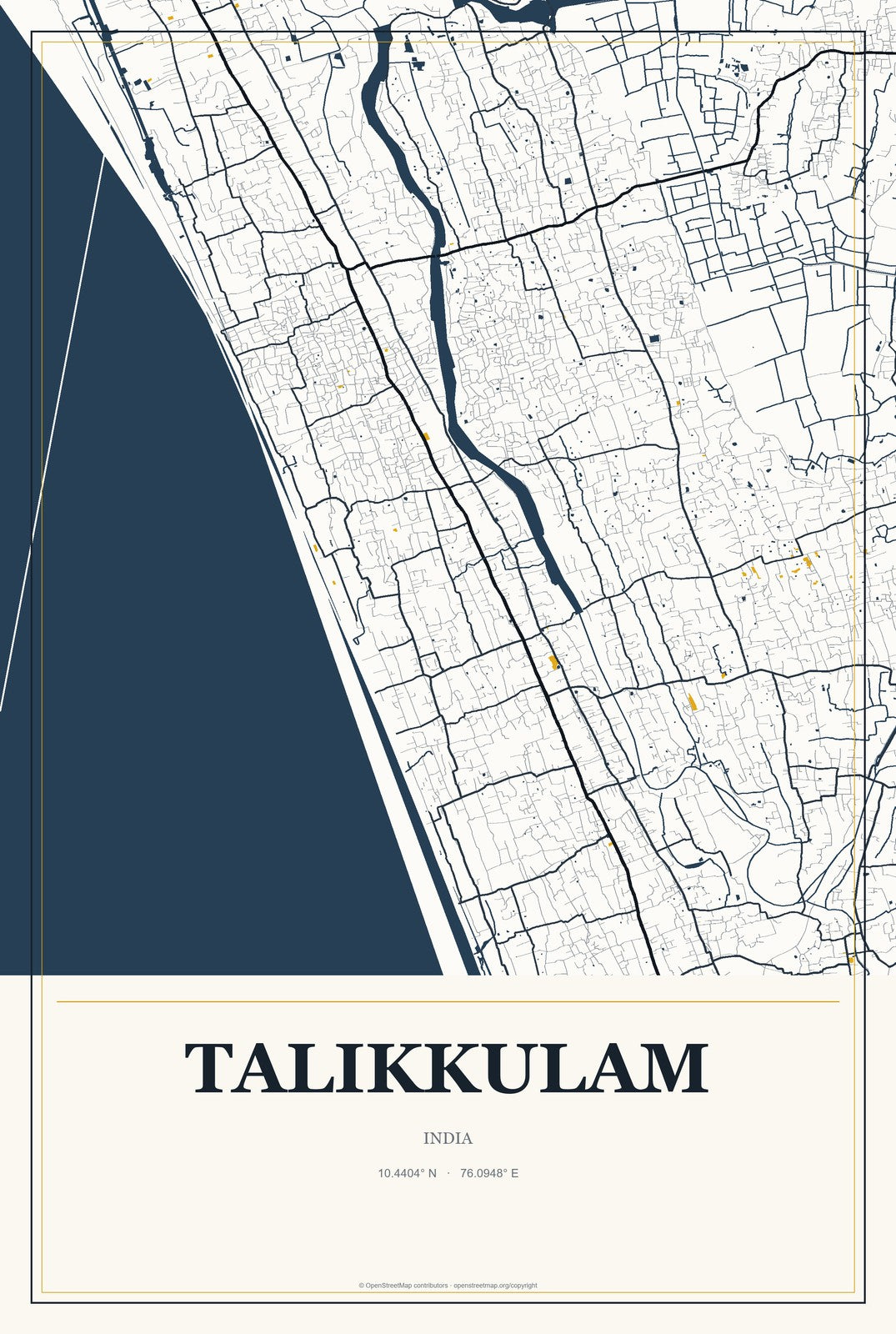 Talikkulam, India City Map Aluminum Sign in Citrine Modern style