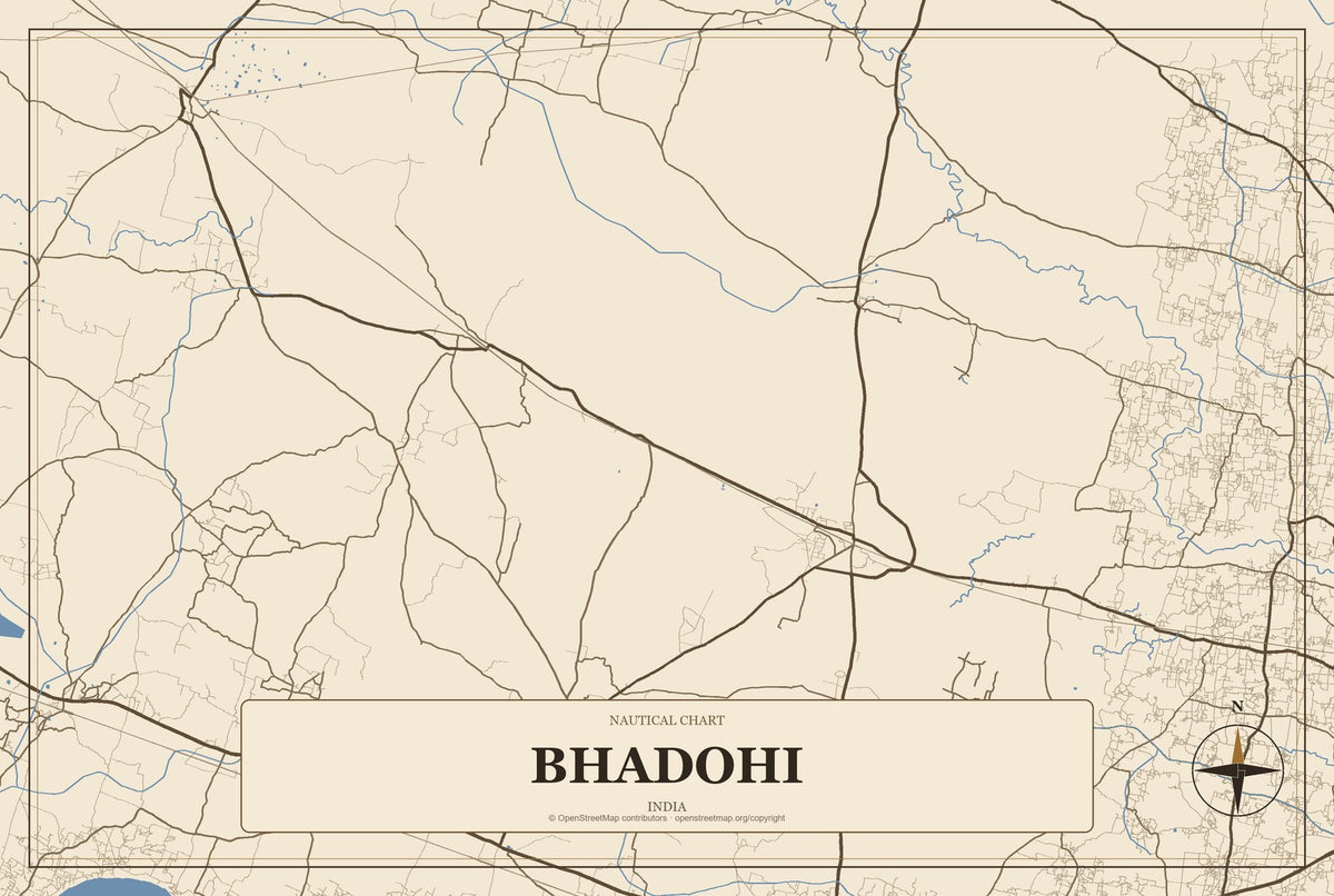Bhadohi, India City Map Aluminum Sign in Heritage Nautical style