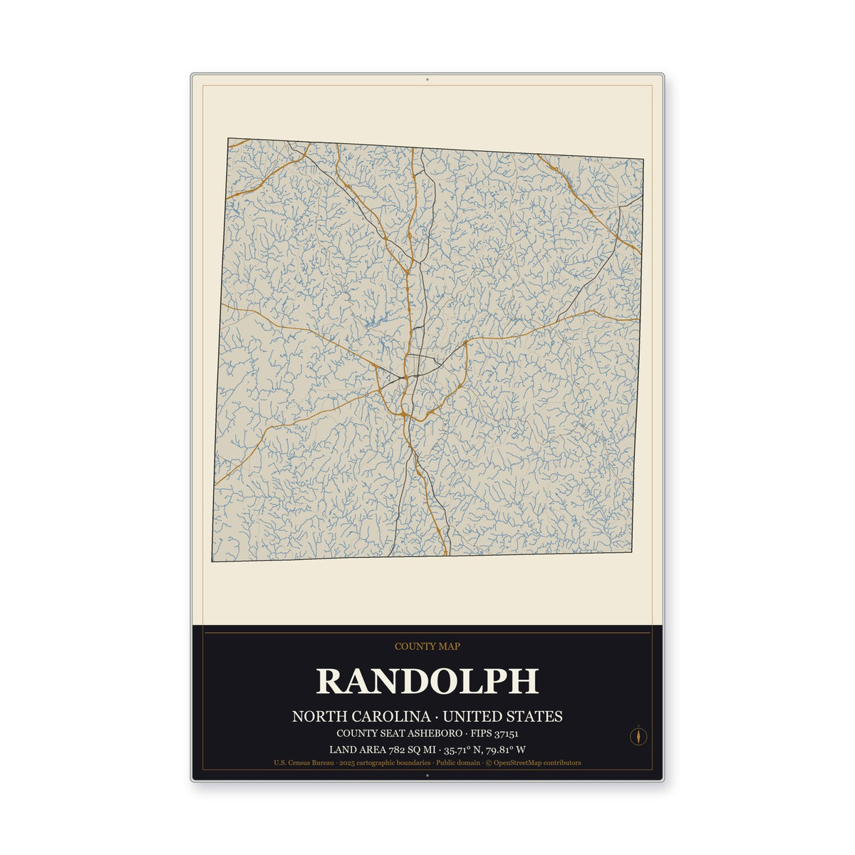 Randolph County, North Carolina Map Aluminum Sign in Museum Plaque style