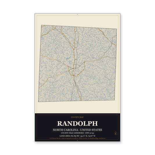 Randolph County, North Carolina Map Aluminum Sign in Museum Plaque style