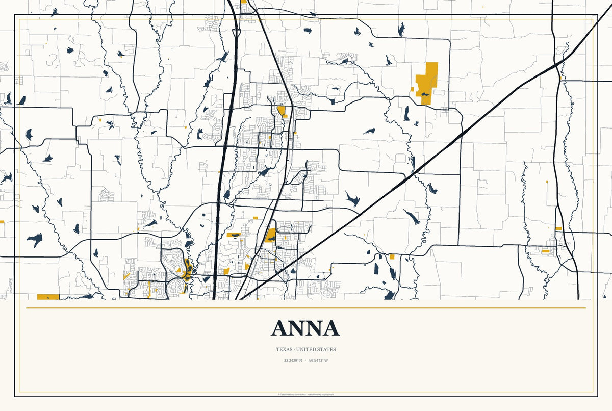 Anna, Texas City Map Aluminum Sign in Citrine Modern style