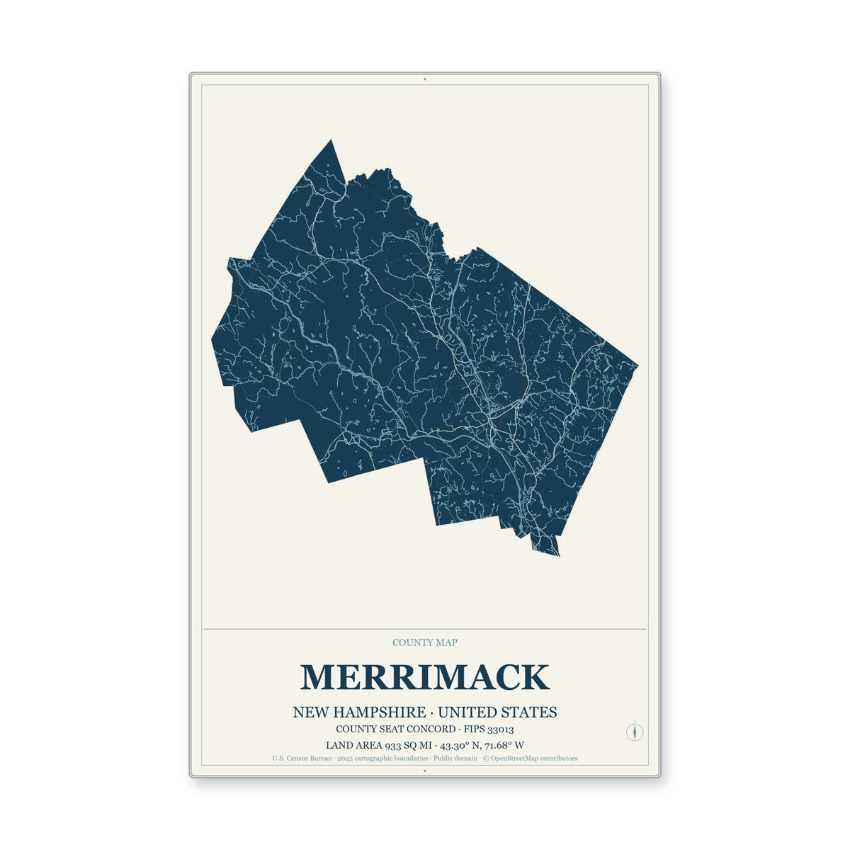 Merrimack County, New Hampshire Map Aluminum Sign in Coastal Cutout style