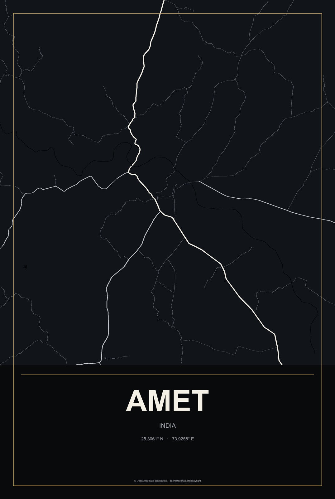 Amet, India City Map Aluminum Sign in Metropolitan Noir style