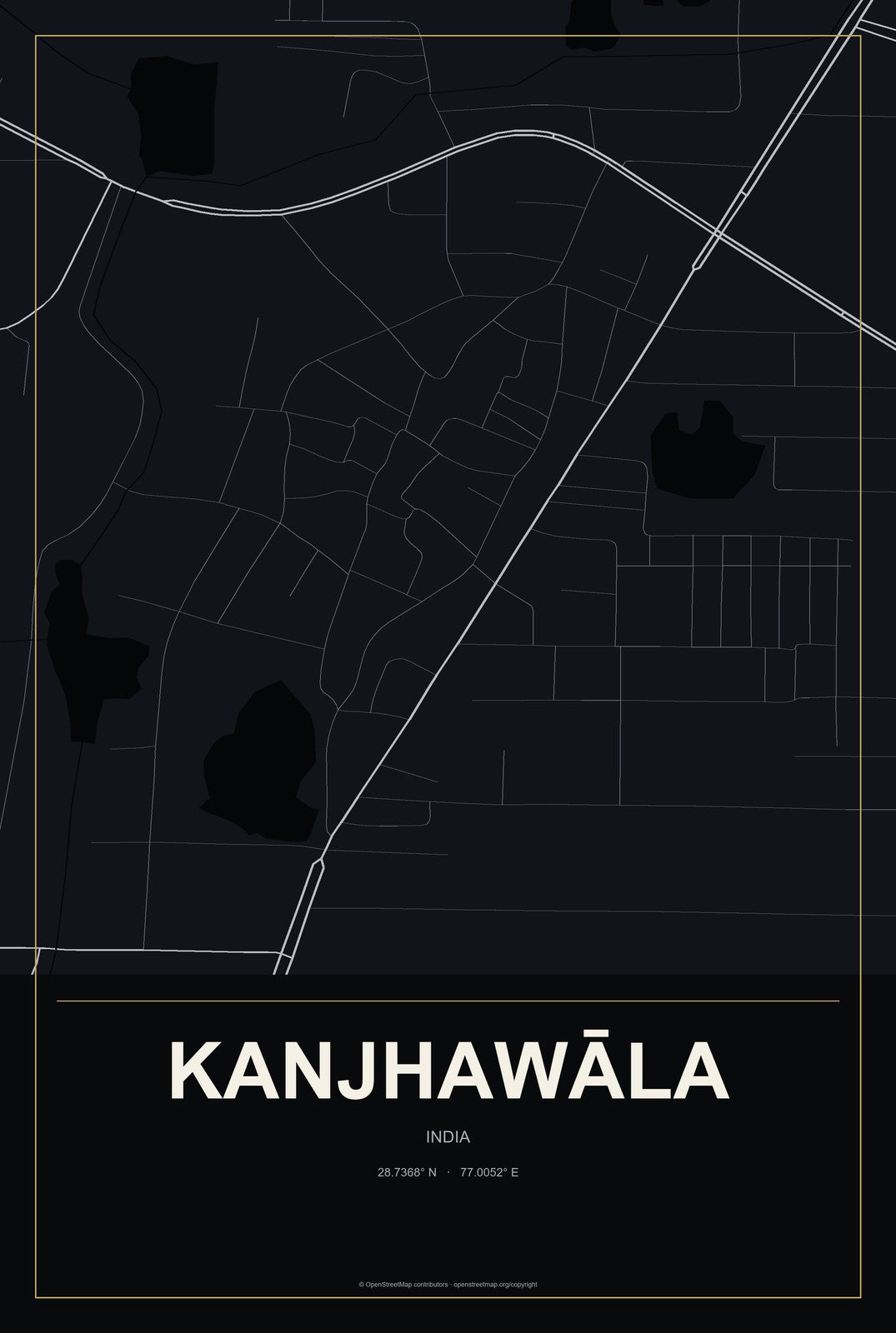 Kanjhawāla, India City Map Aluminum Sign in Metropolitan Noir style