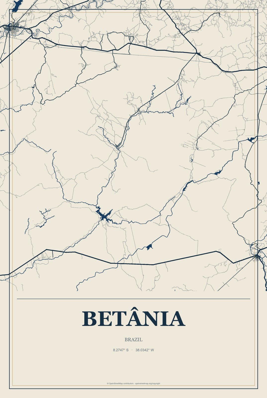 Betânia, Brazil City Map Aluminum Sign in Coastal Cutout style