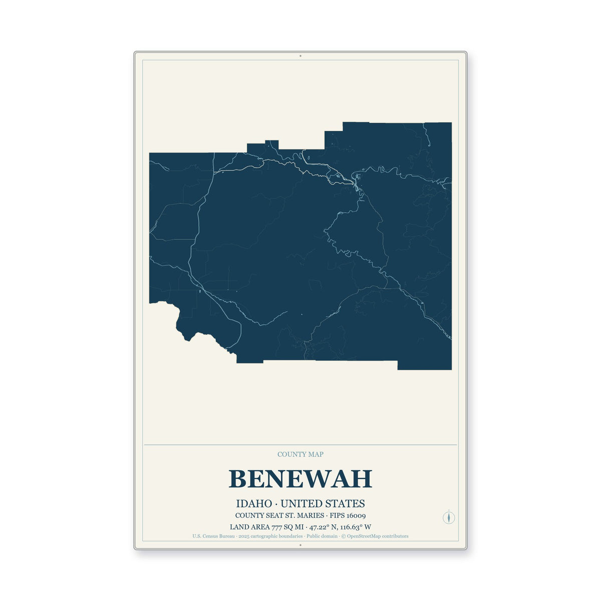 Benewah County, Idaho Map Aluminum Sign in Coastal Cutout style