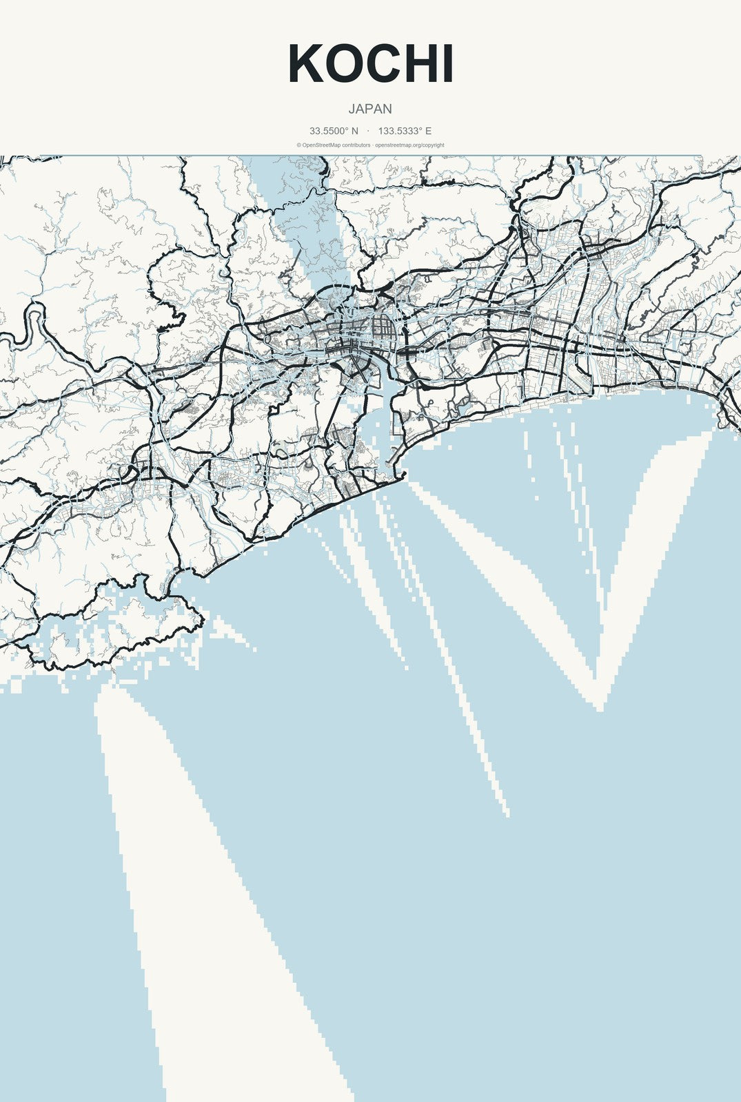 Kochi, Japan City Map Aluminum Sign in Headline Atlas style